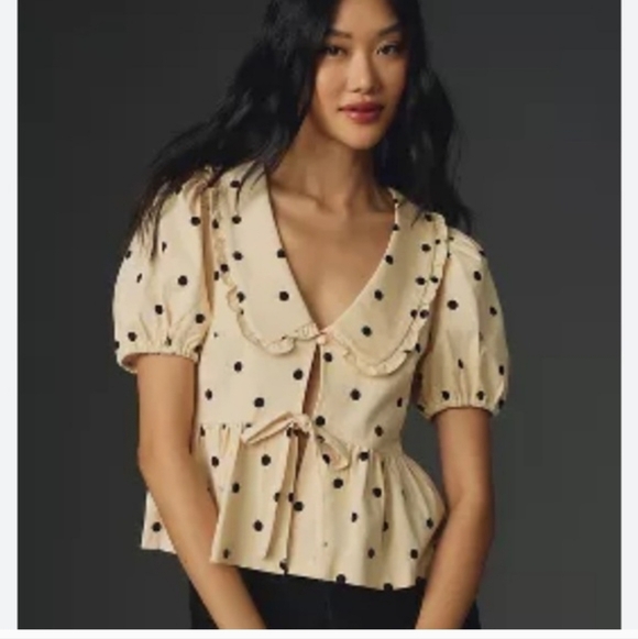Porridge Tops - Porridge Polka Dot Tie Front Peplum Blouse Peter Pan Collar Puff Sleeve NWT Med